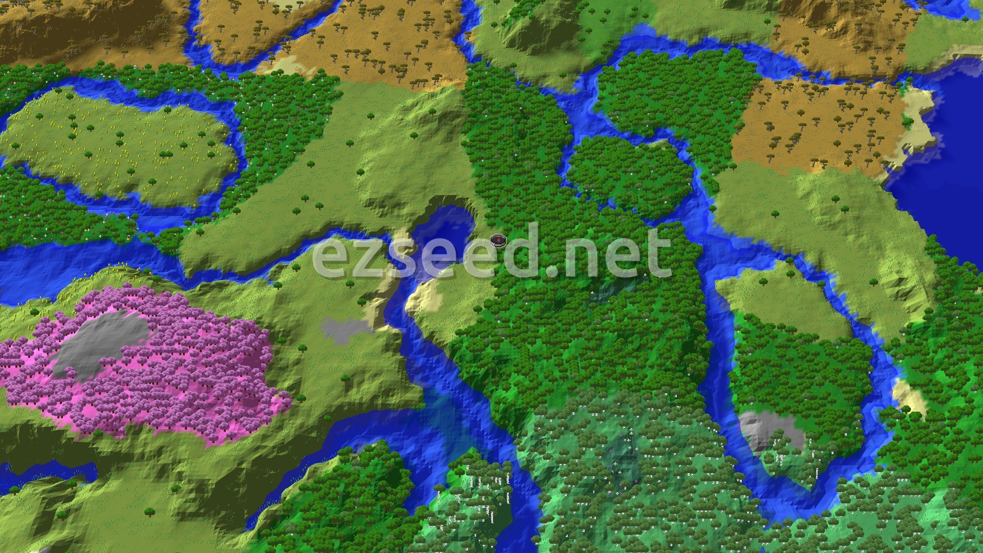 An overhead 3D render of the spawn area, showing a winding river through a dense forest, with plains and savannas beyond, and a large cherry grove in the distance.