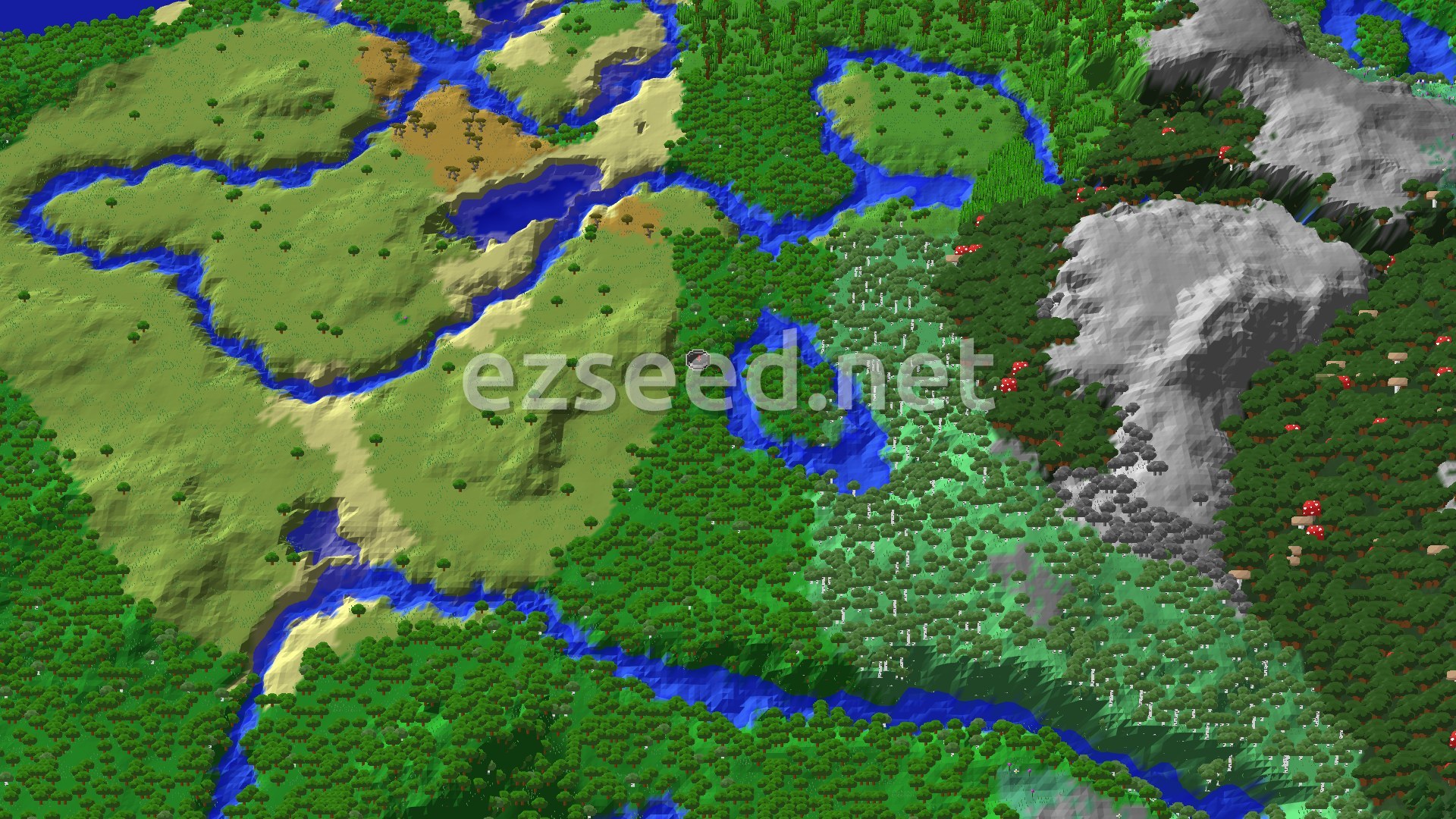 A 3D fly-over of dense forest and rolling green plains split by winding rivers, with a grey rocky ridge and red-capped mushroom trees on the right and a pale, bleached stand of trees at the centre.