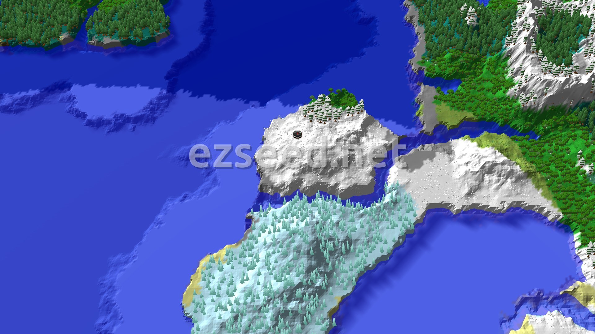 Aerial Minecraft seed map — Ice Spikes Across the Water From a Snowy Plains Start