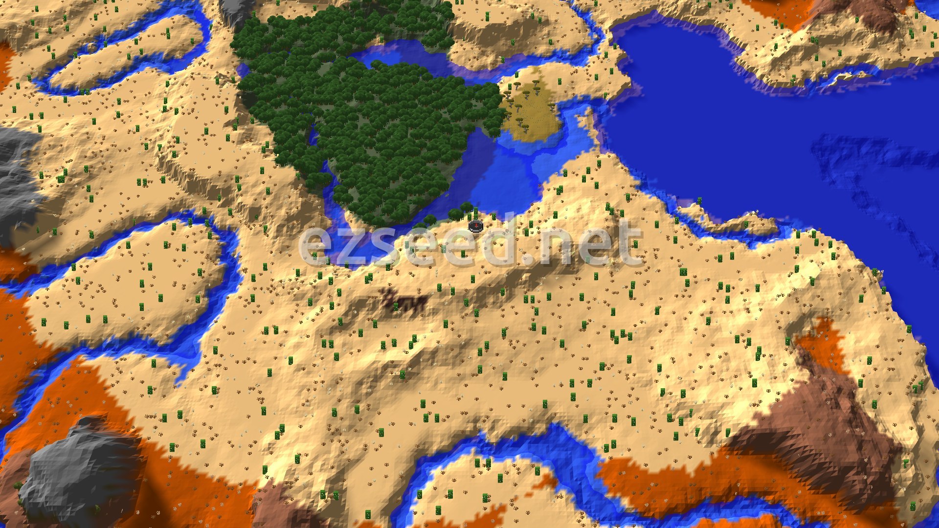 A sandy desert dotted with cacti and dead bushes, a dense dark green forest and blue water to the north, and orange badlands at the lower corners.