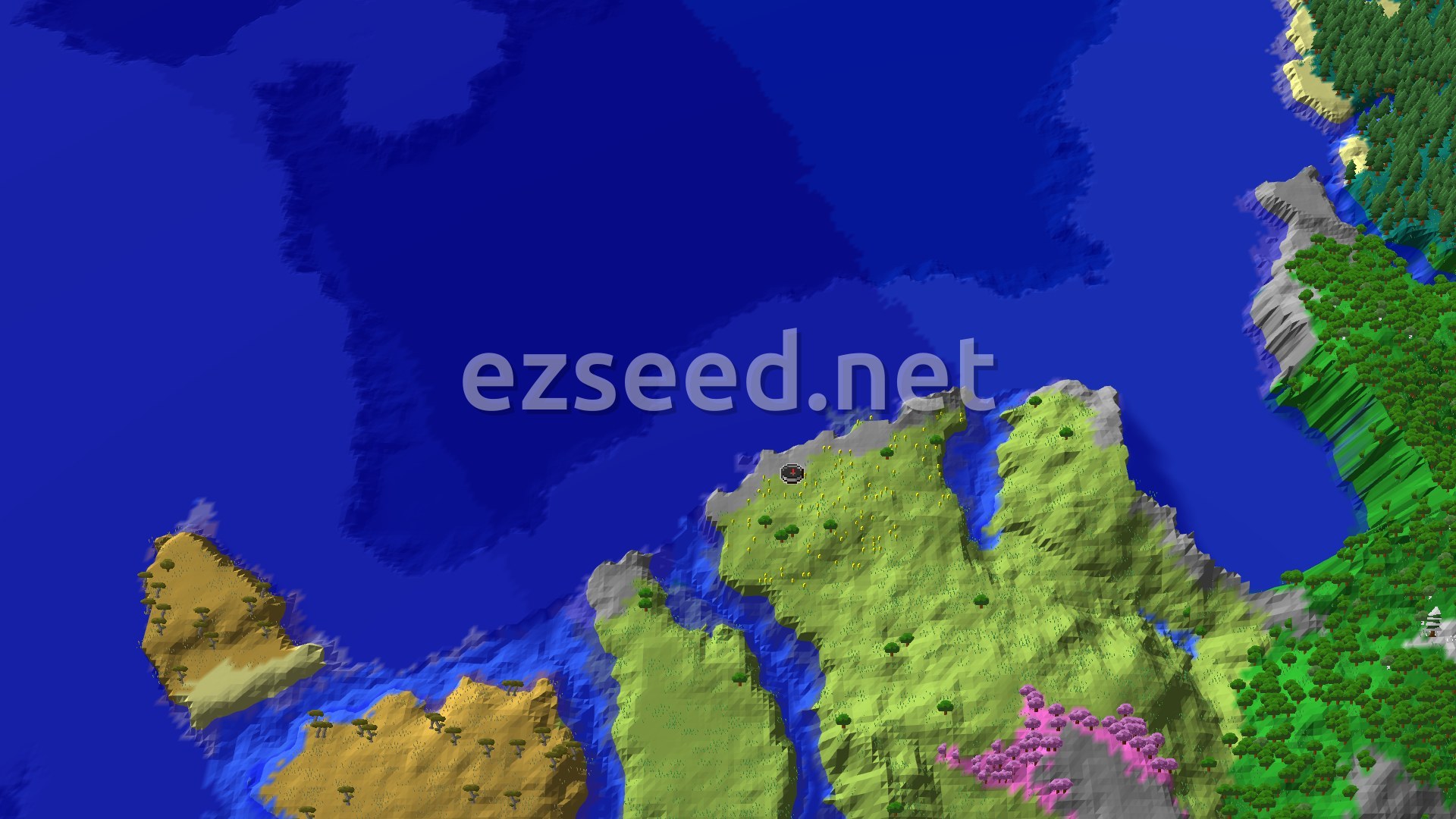 Aerial Minecraft seed map — Cherry Grove Coast with a Village and Buried Treasure
