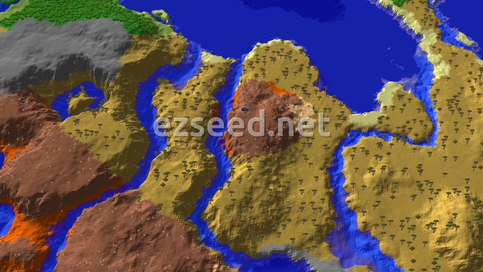 A reddish-brown Eroded Badlands hill with orange terracotta edges sits among tan savanna ridges with flat-topped trees, split by deep blue channels, with forest and grey stone in the top-left corner.