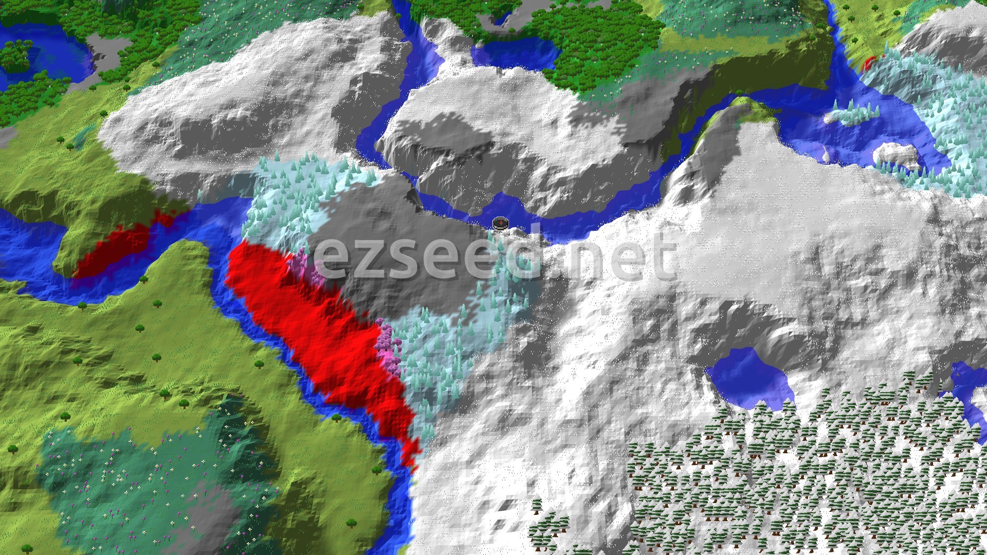 A snow-covered plateau cut by a winding frozen river, with spruce stands to the east and green meadow and forest to the west and north.