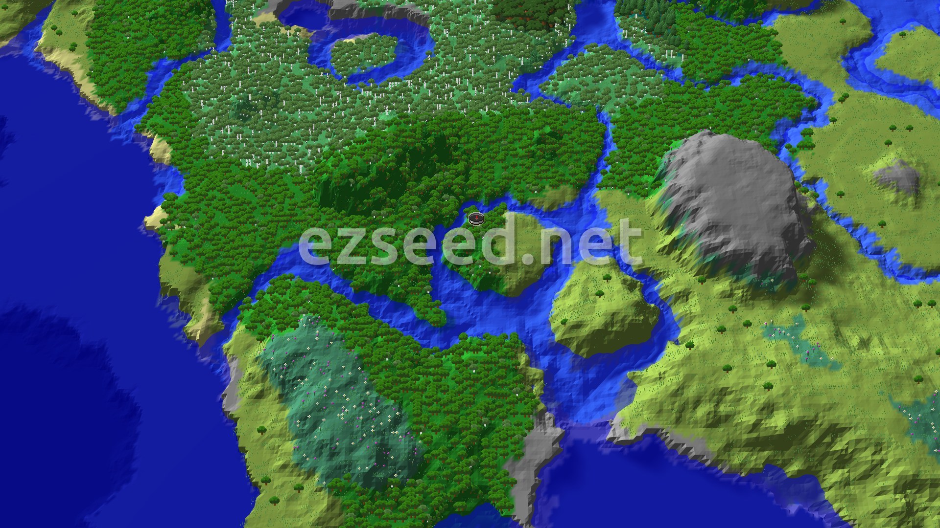 A 3D fly-over of a dense green forest on a small peninsula, split by blue river channels, with a grey rocky hill and pale grassland to the east.