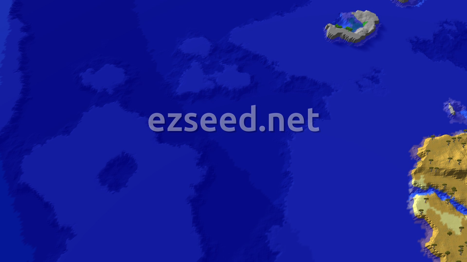 A 3D fly-over of mostly deep blue ocean, with a small rocky island holding a pond at the top and a savanna coastline with flat-topped trees at the right edge.