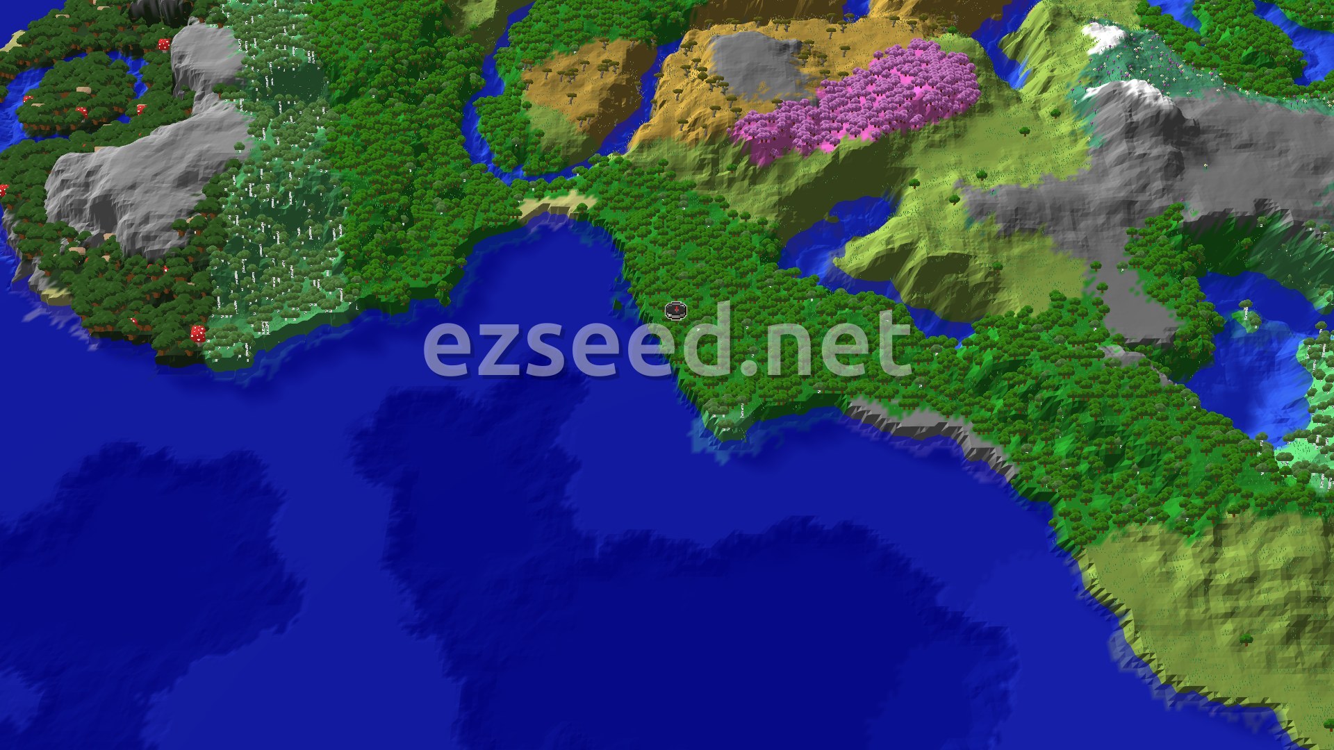 An aerial view of a varied landscape, showing a dense green forest covering much of the land, meeting a dark blue ocean. Inland, there are patches of lighter green plains, some golden savannas, and a distinct pink Cherry Grove. Grey mountains rise in the distance, partially covered in snow.