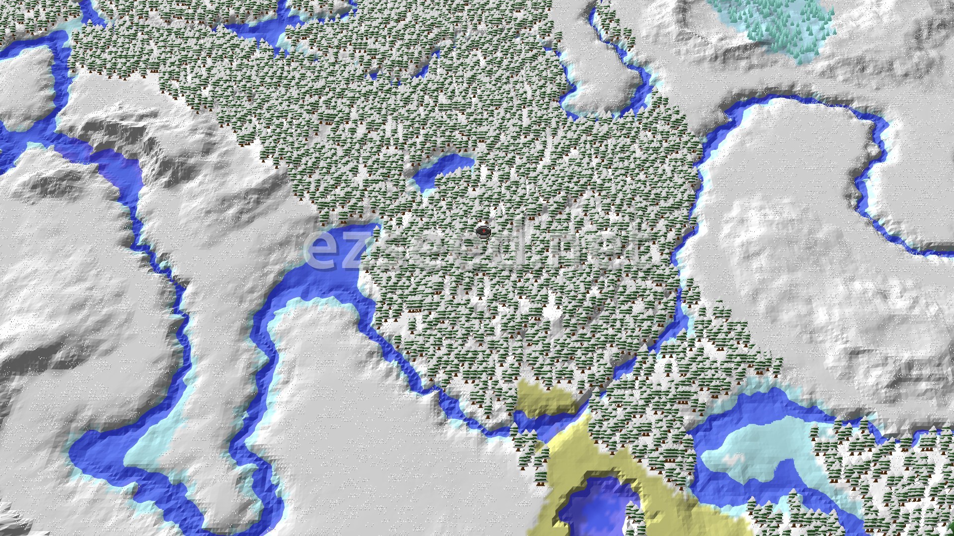 An aerial view of a snowy taiga forest with winding frozen rivers and patches of snowy plains.