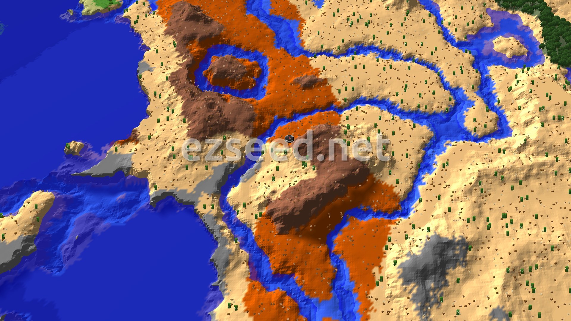 Orange and brown badlands ridges and sandy desert split by blue rivers, with open ocean along the western edge and dark forest in the far corner.