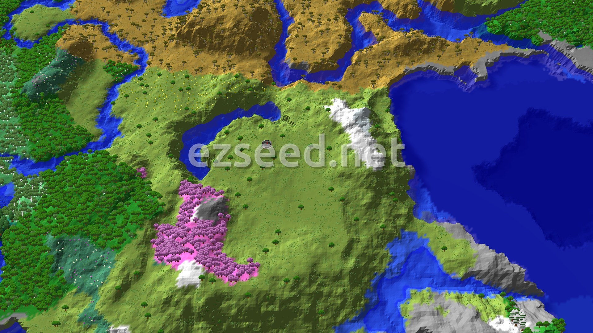 An overhead view shows a large plains area with scattered trees, a vibrant pink cherry grove to the southwest, snowy mountains to the east, and a wide blue ocean to the northeast.
