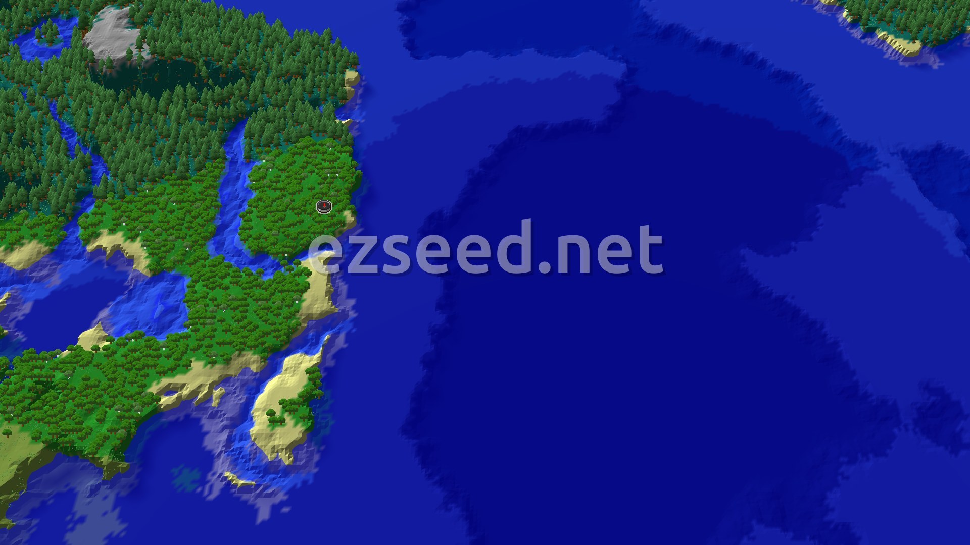 Aerial Minecraft seed map — Forest Coast Facing an Open Ocean With a Monument
