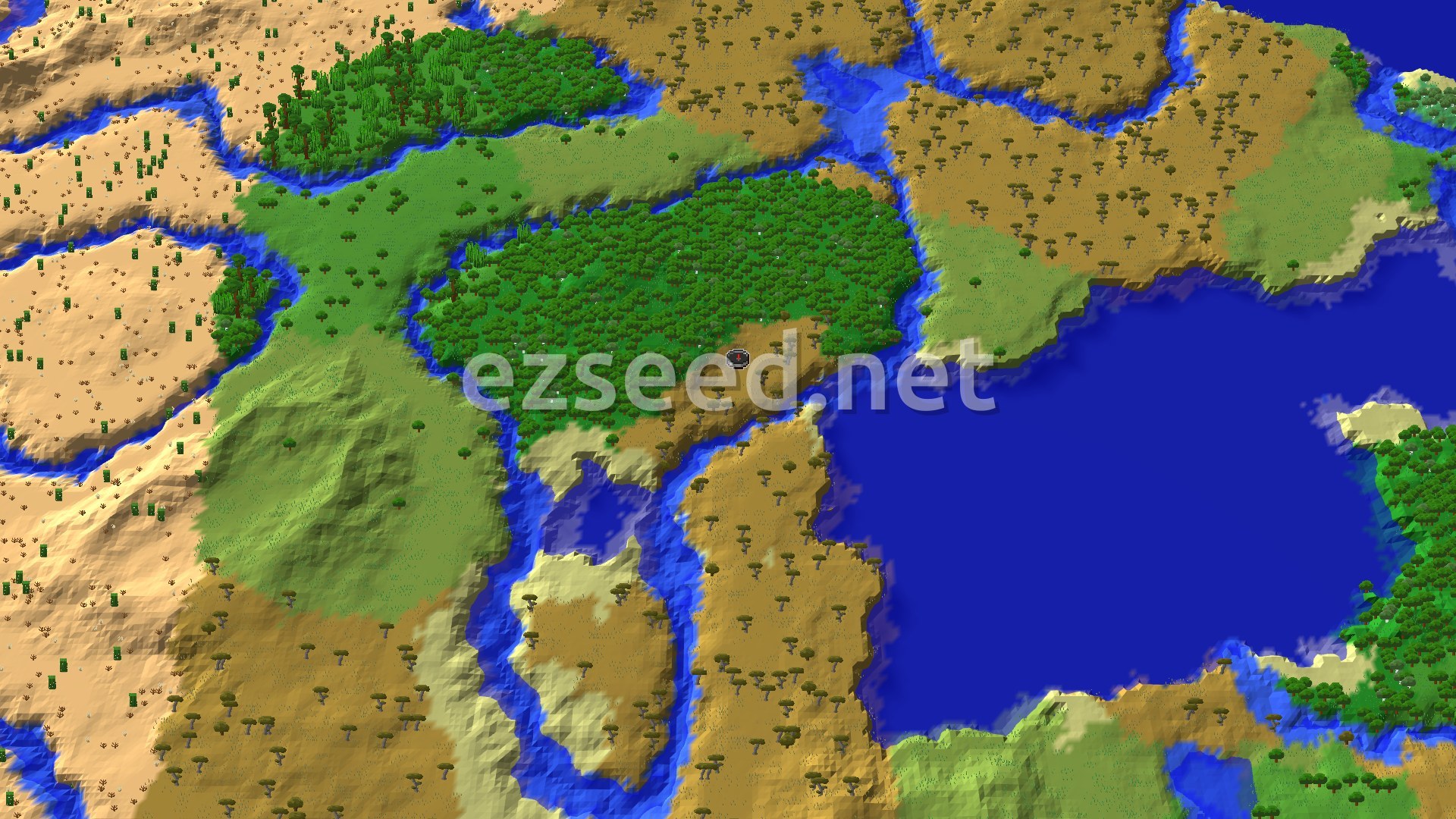 An aerial view of a varied landscape, featuring a large Savanna biome with scattered trees, a dense Forest, and a wide blue ocean. A river winds through the terrain, separating areas of sandy desert from the greener biomes. Hills rise gently in some areas, and the overall impression is one of diverse, open spaces.