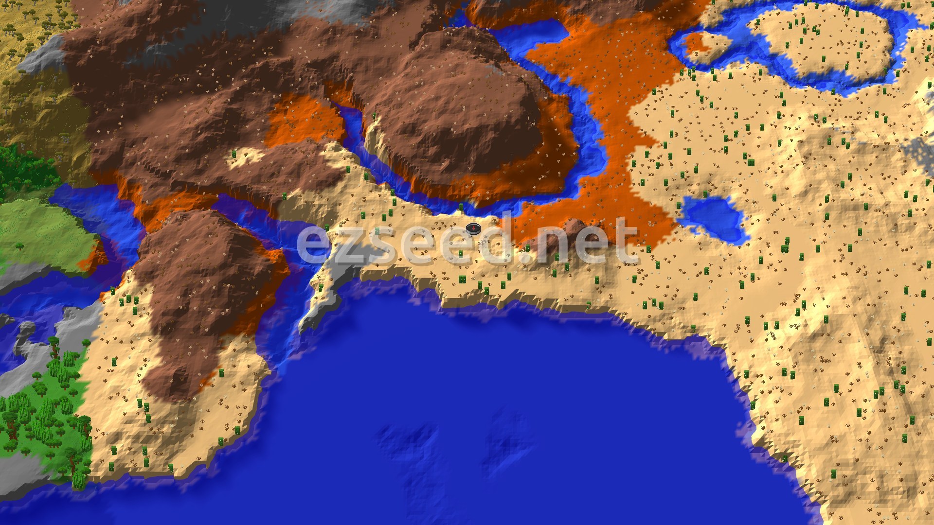 A sandy desert coast with cacti and dry bushes meets a warm blue ocean, while rust-brown badlands mesas with orange terraces rise to the north and west.