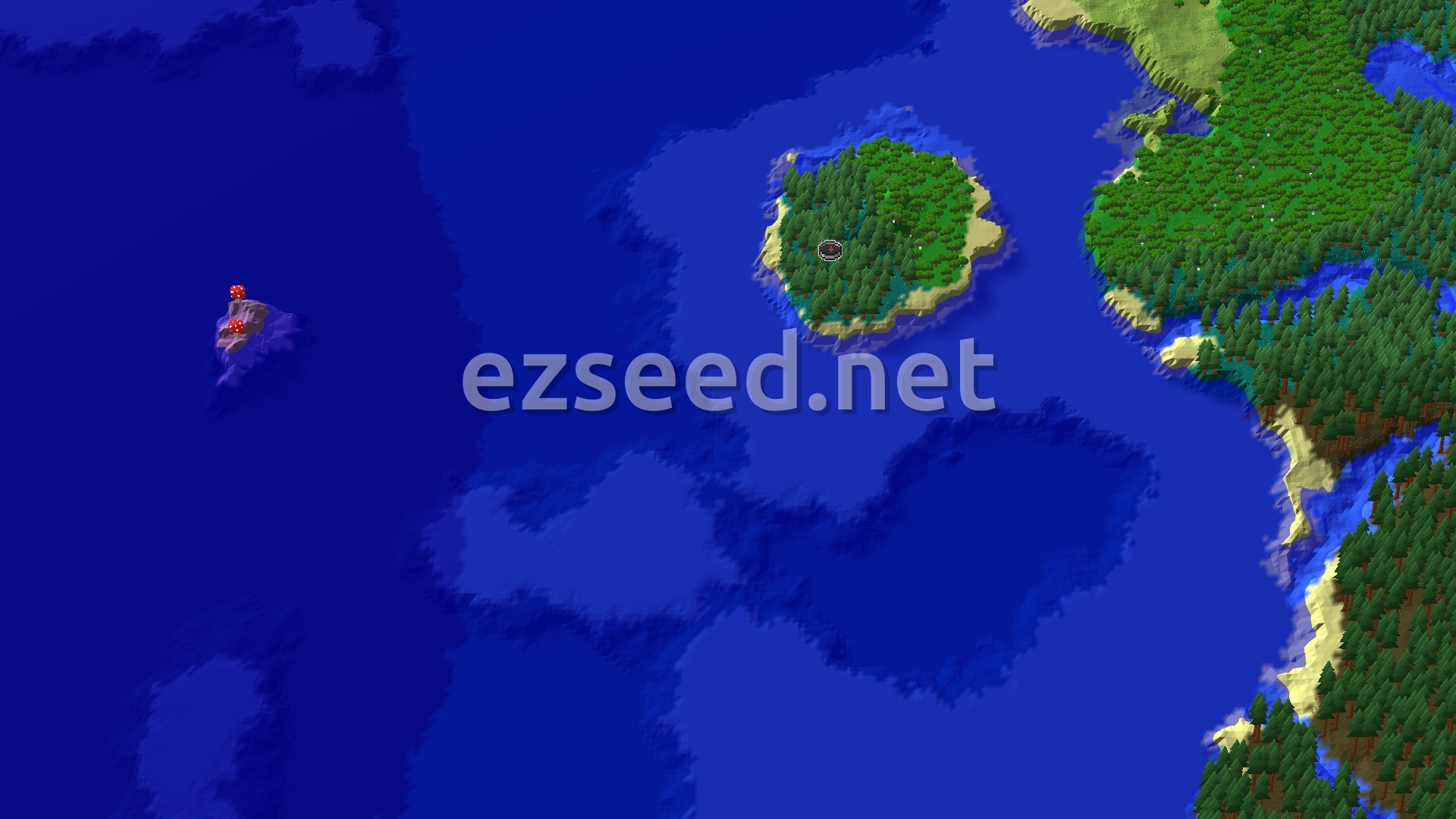 A small round island covered in spruce and forest, ringed by sand and surrounded by deep blue ocean, with a larger forested coastline on the right and a tiny rock with red mushrooms to the left.