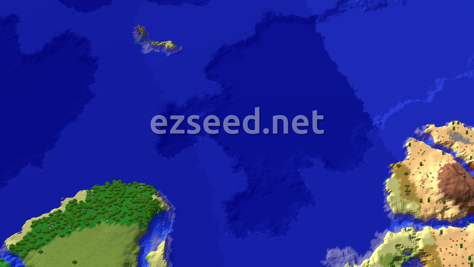 A green island with a dense oak forest on its western tip, surrounded by deep blue ocean, with a small islet to the north and tan, sandy badlands-coloured land in the lower right corner.
