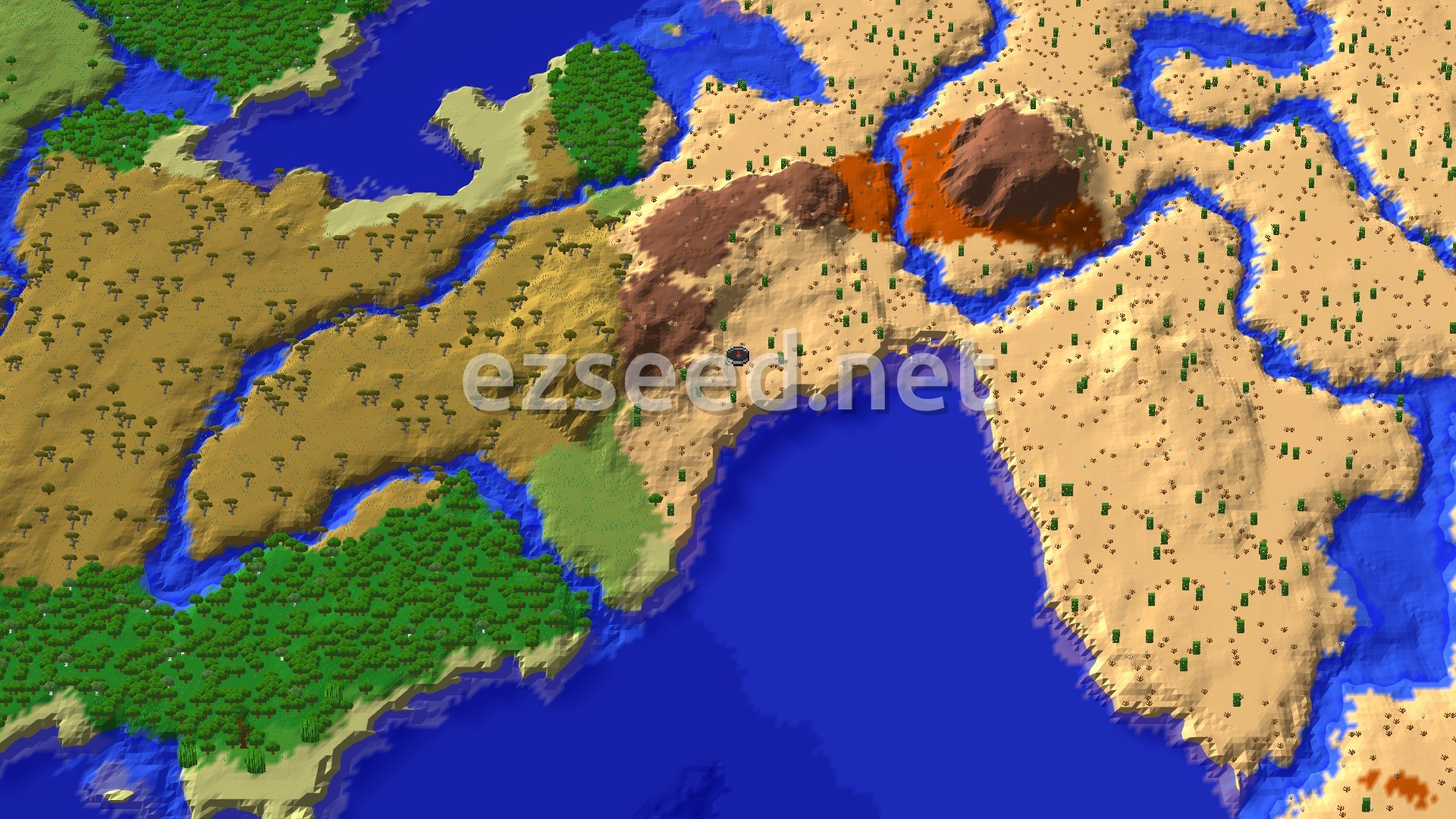 A sandy desert coast curves around deep blue water, with brown and orange badlands ridges on the high ground and savanna and dense forest to the west.