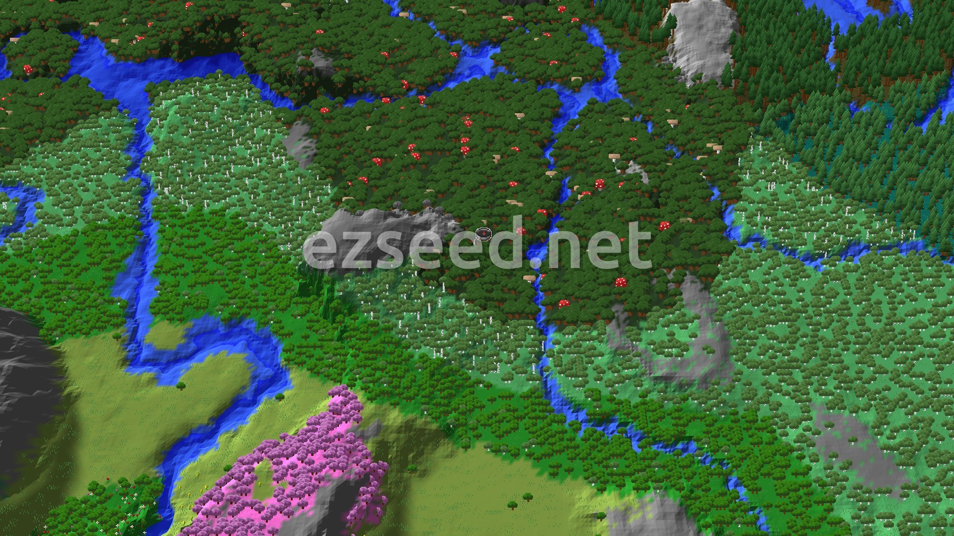 Aerial view of a dense dark forest with red mushrooms, winding rivers, birch woods, grey rock outcrops and a patch of cherry trees in the lower left.