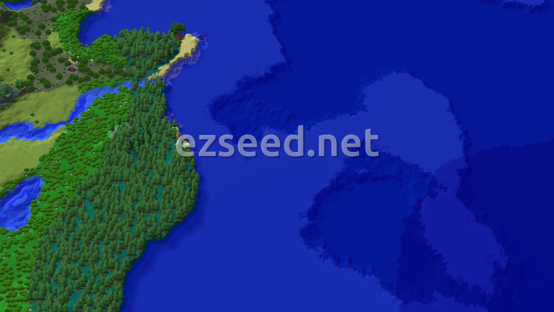 A coastline of green forest and spruce taiga on the left, with a sandy spit and a river running to a wide dark-blue ocean on the right.