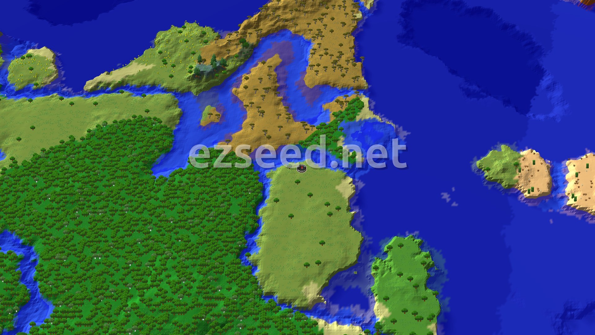 A grassy plains peninsula edged with sand and open ocean, a dense oak forest to the west, and savanna-topped land across a narrow channel to the north.