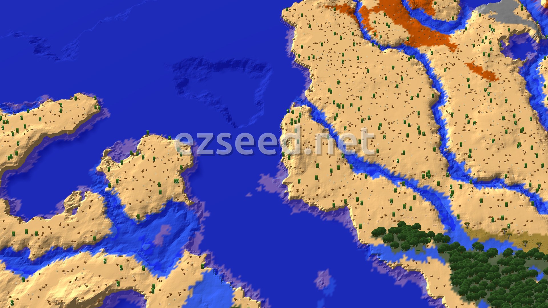 A sandy desert island dotted with cacti and dead bushes, cut by blue river channels and ringed by warm ocean, with orange badlands at the top and dark green forest in the lower corner.