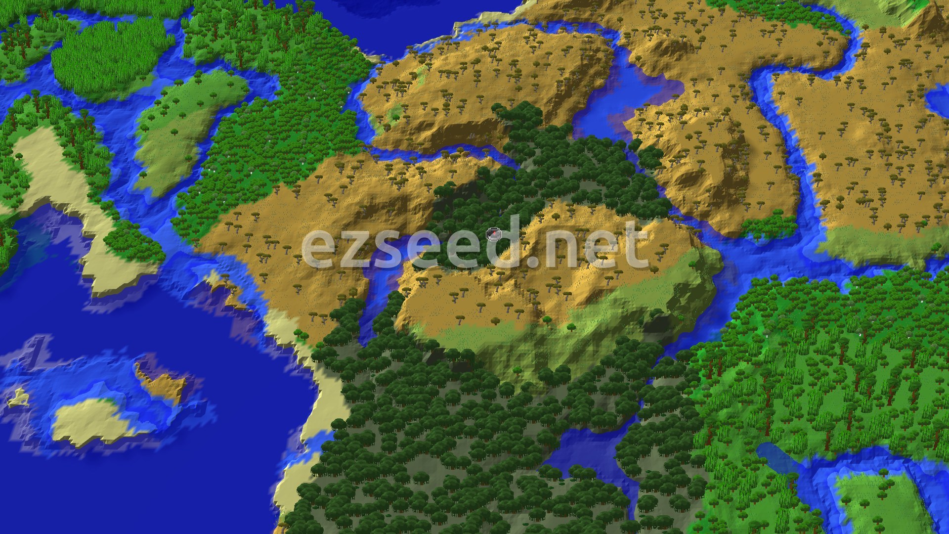 A fly-over of dark mangrove canopy at the centre, surrounded by tan savanna ridges, winding rivers, green jungle on the right and open ocean at the left.