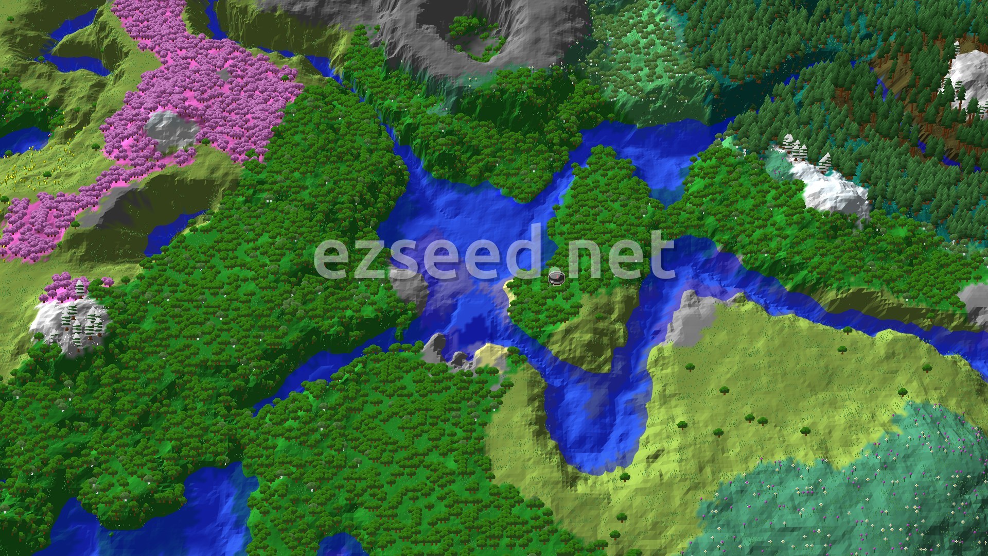 A 3D fly-over of a forested peninsula cut by blue river channels, with pink cherry trees to the west, snowy spruce to the northeast and open plains to the south.