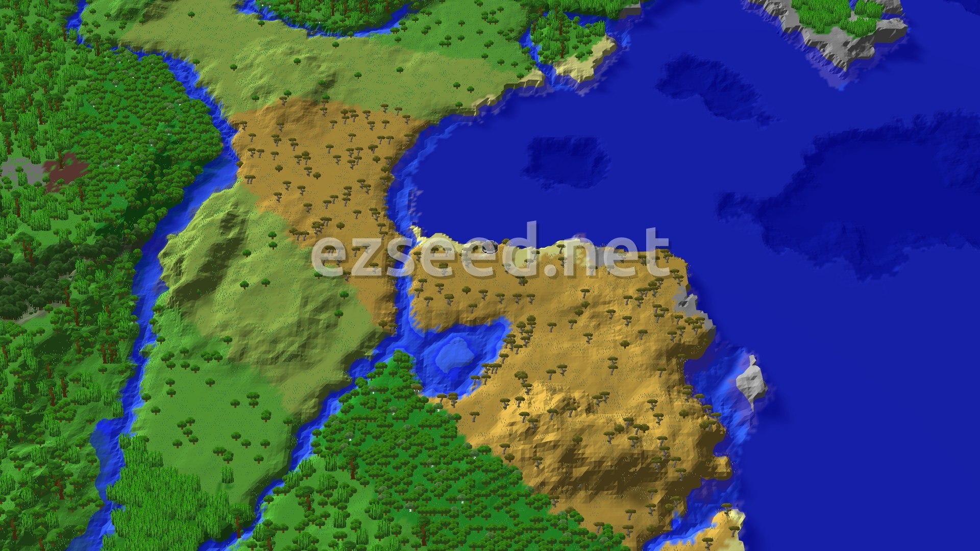 A tan savanna peninsula with flat-topped acacias juts into deep blue ocean, with a river and dense green forest to the west and south.