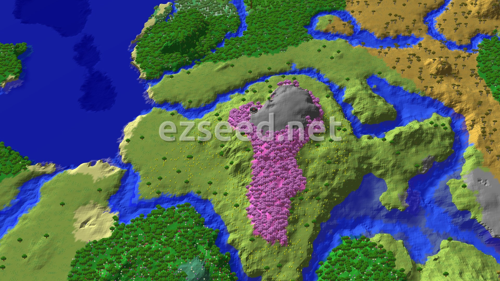 A 3D fly-over rendering of the Minecraft seed showing a pink-leafed Cherry Grove biome on a mountain, surrounded by green plains, forests, and winding blue rivers, with a savanna biome in the distance to the right.