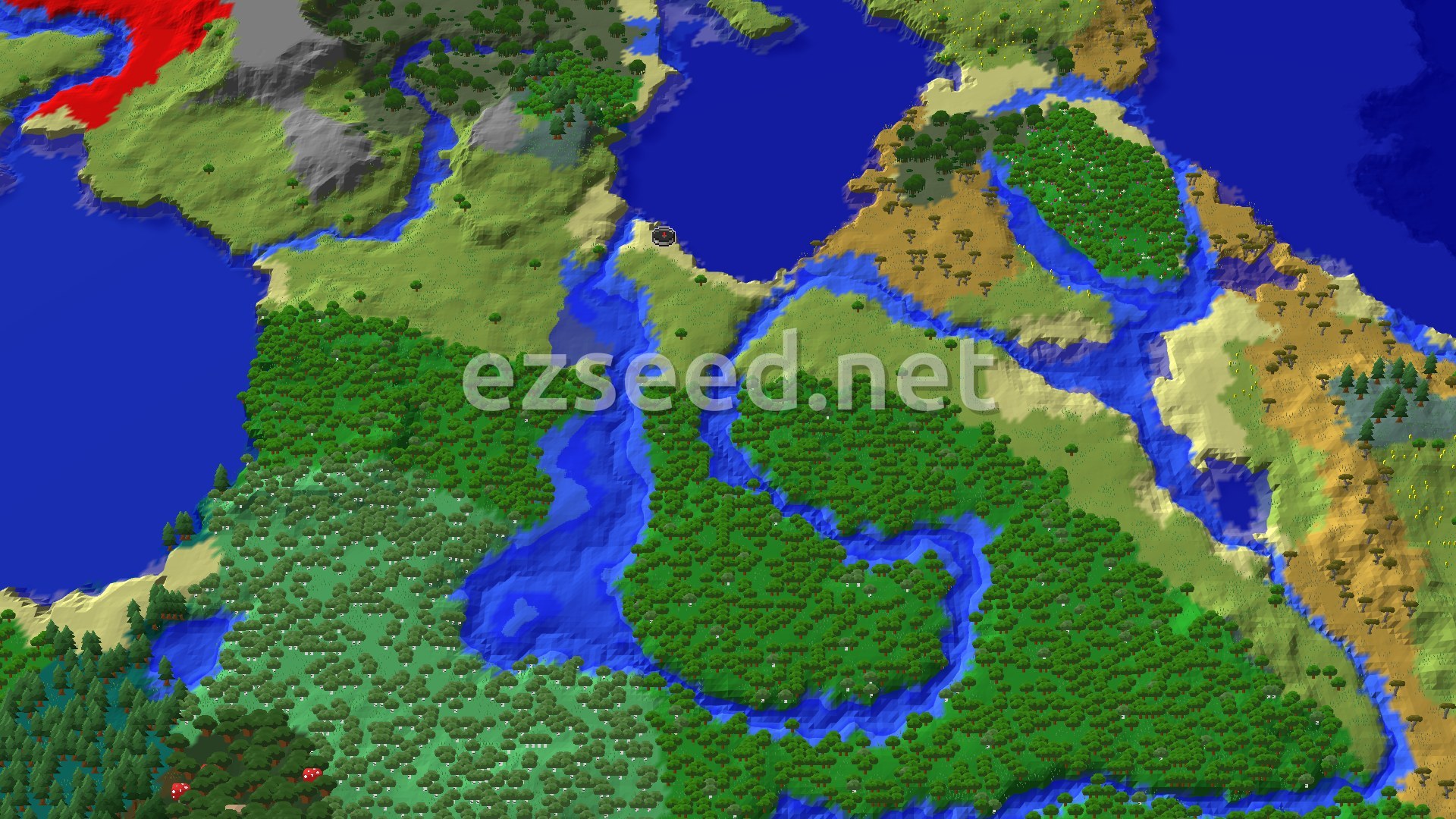 An aerial view of varied terrain around spawn, showing plains, forests, and winding rivers leading to a large lake.