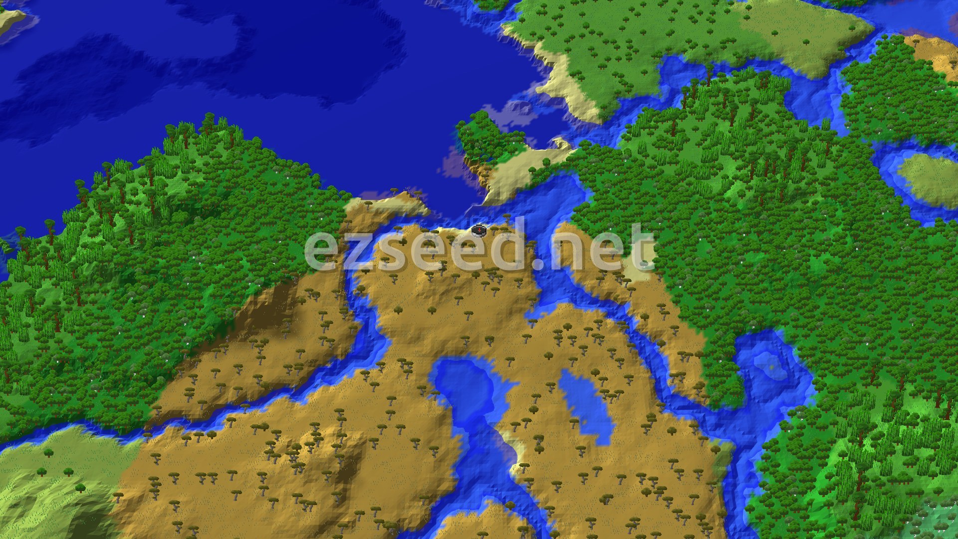 An aerial view shows a large savanna plain dotted with acacia trees, bordered by a dense forest biome and winding rivers. A deep blue ocean stretches to the north.
