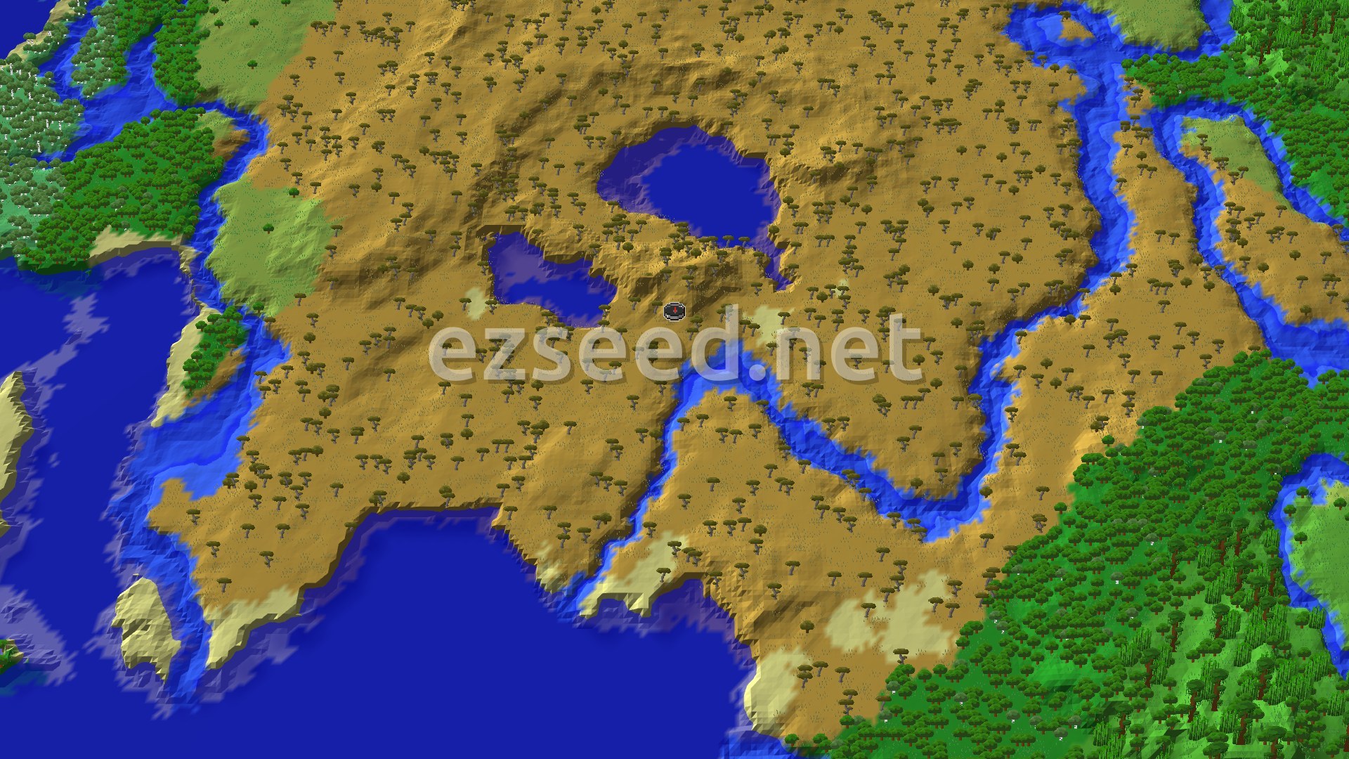Tan savanna hills dotted with flat-topped acacias, two small lakes near the centre, a river winding east, and open ocean to the south and west.