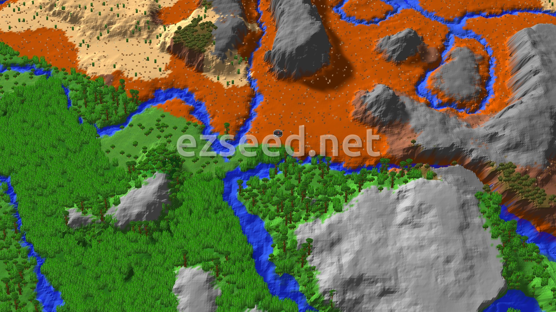 Orange badlands terrain with grey rock outcrops meets a river and dense green jungle, with a desert patch in the upper left.