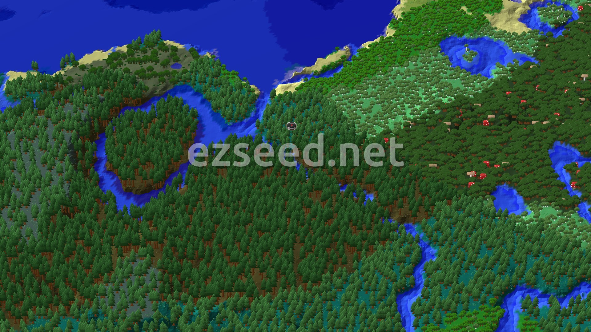 A fly-over of dense spruce taiga with a winding river on the left, dark forest with red mushrooms on the right and open sea along the top edge.