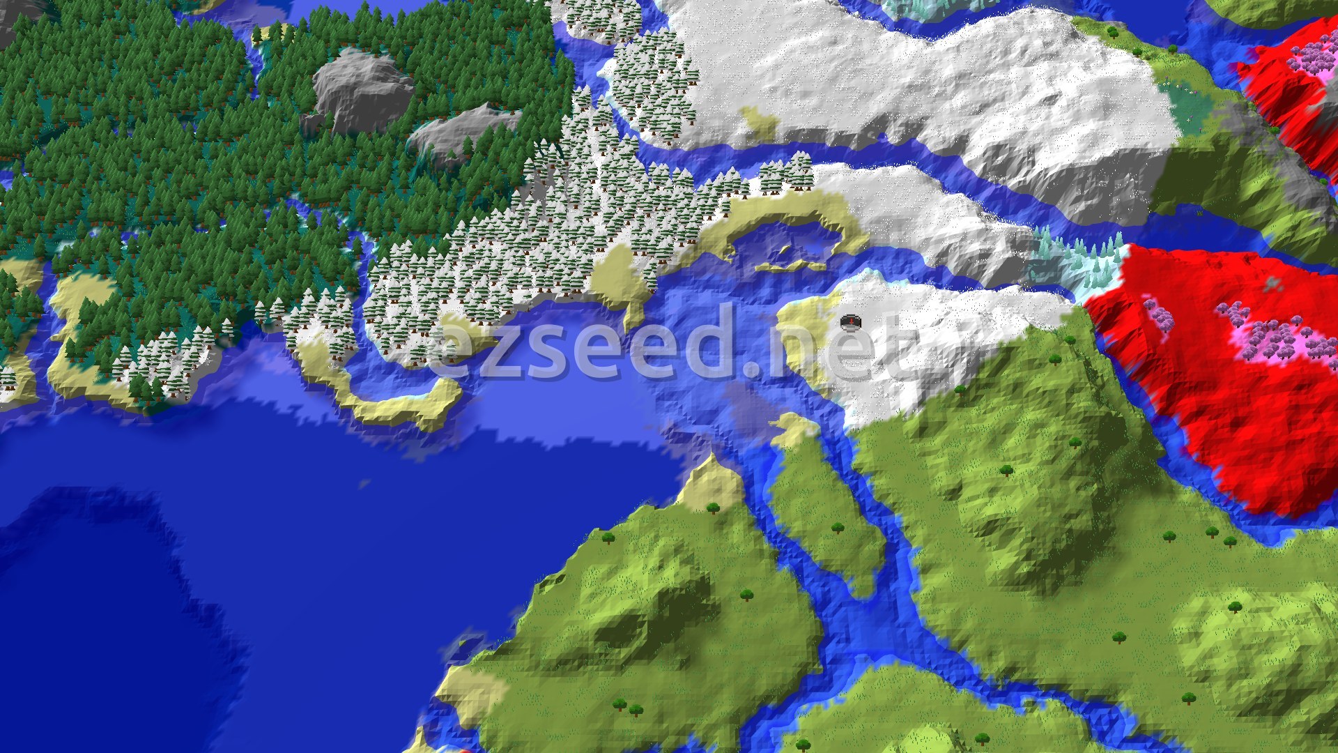 Aerial Minecraft seed map — Ice Spikes and Cherry Grove on a Snowy Coast
