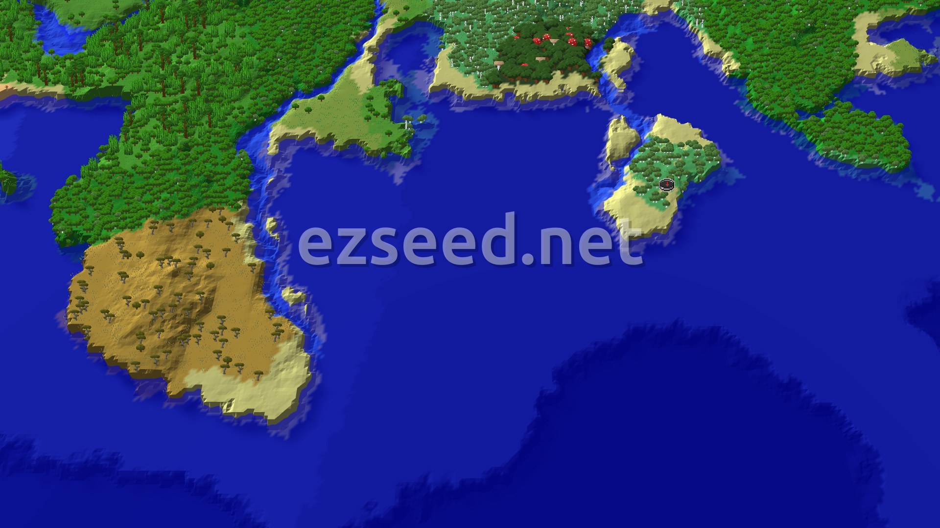An overhead view of a diverse island landscape, featuring dense green forests, sandy beaches, and a wide blue ocean surrounding it.