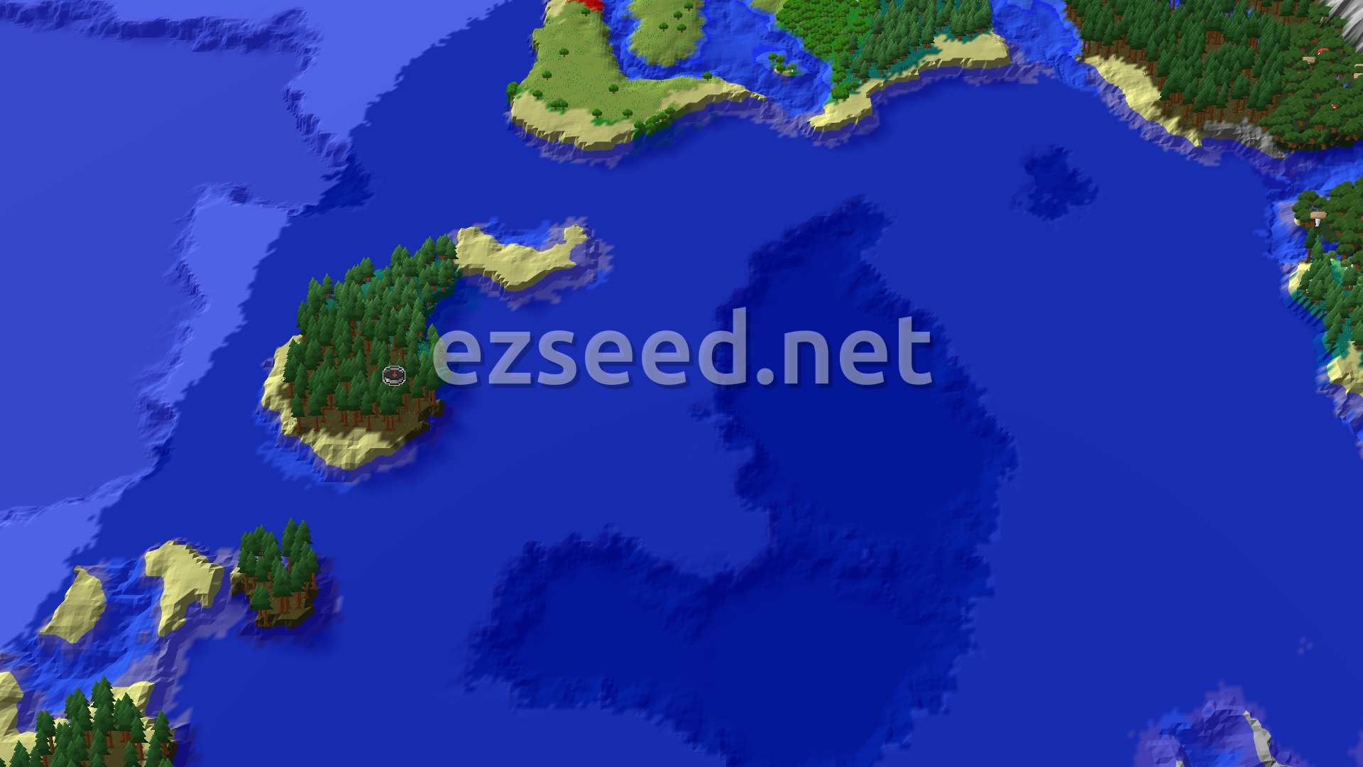 A 3D fly-over of a seed showing a spawn island covered in pine trees, surrounded by blue ocean, with other landmasses in the distance.