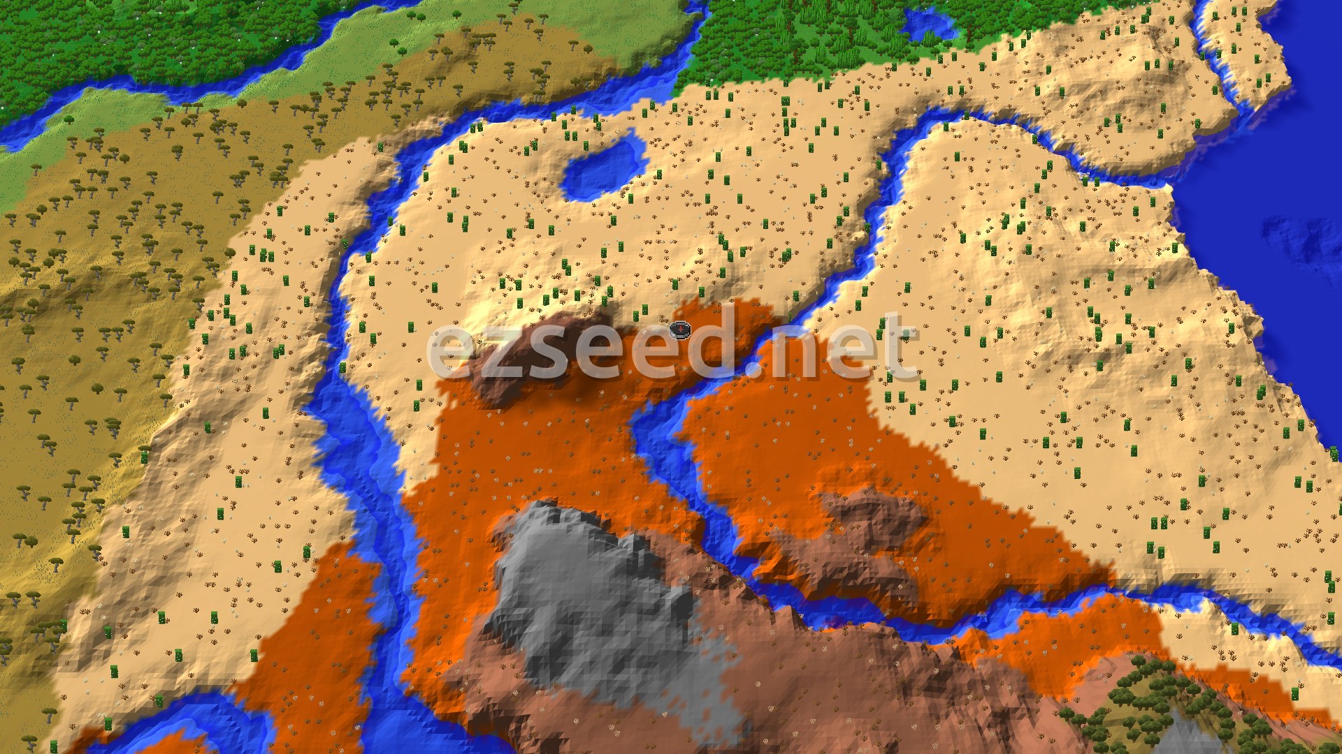 Orange badlands terraces meet pale desert dunes, split by winding blue rivers, with savanna to the west and forest to the north.