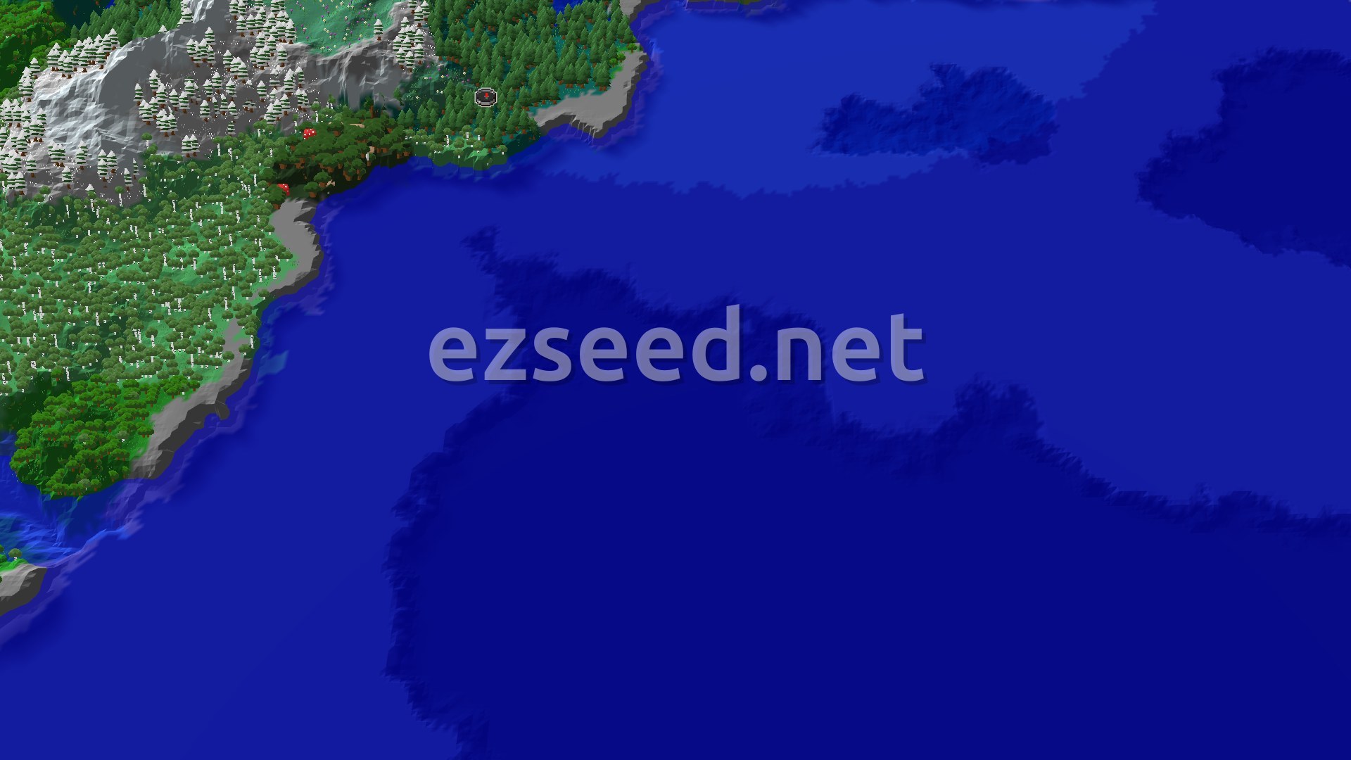 A fly-over of a spruce-covered coastline with snowy grey peaks behind it, dark forest at the shoreline and open deep blue ocean to the east.