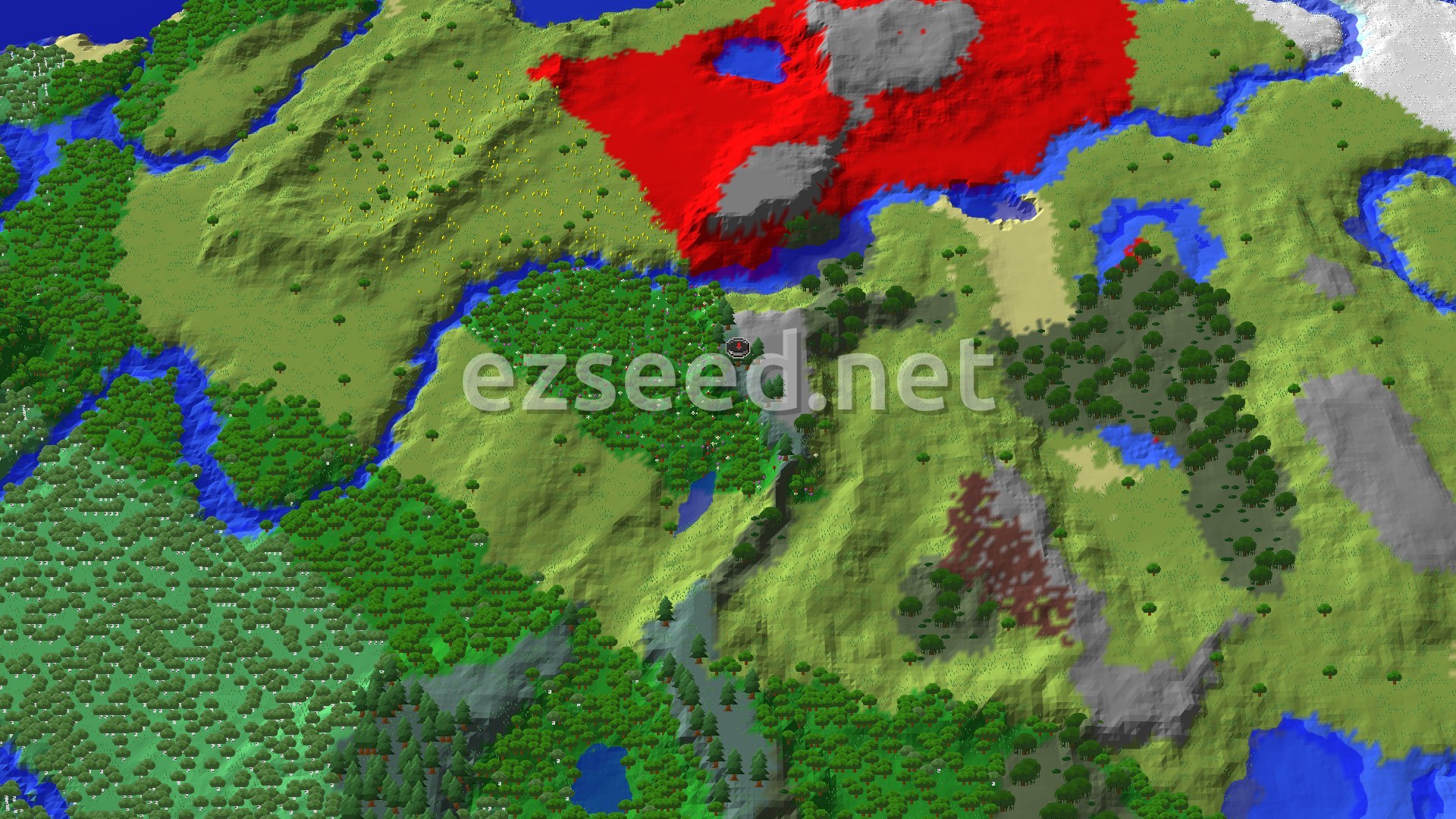 A bird's-eye view of rolling green hills, dense forests, and winding rivers, with a patch of red autumn-like trees to the north.