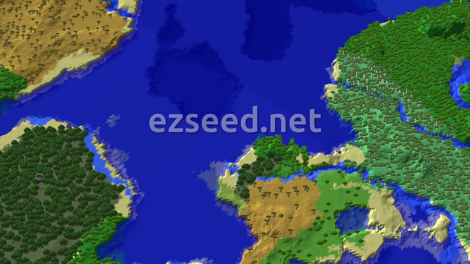A fly-over of a dark mangrove swamp on a western shore, a wide blue channel in the middle, savanna and plains to the south, and dense forest filling the east.
