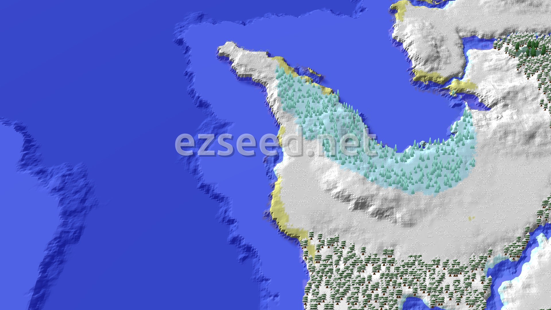 Aerial Minecraft seed map — Snowy Taiga Coast With an Ocean Ruin and Village Close By