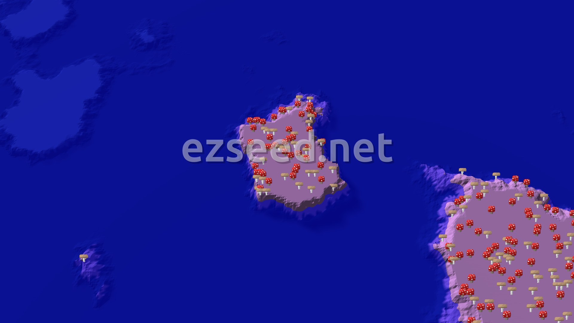 A 3D fly-over rendering of a mushroom island surrounded by deep blue water, with several smaller islands nearby. The main island is covered in red and white mushrooms.
