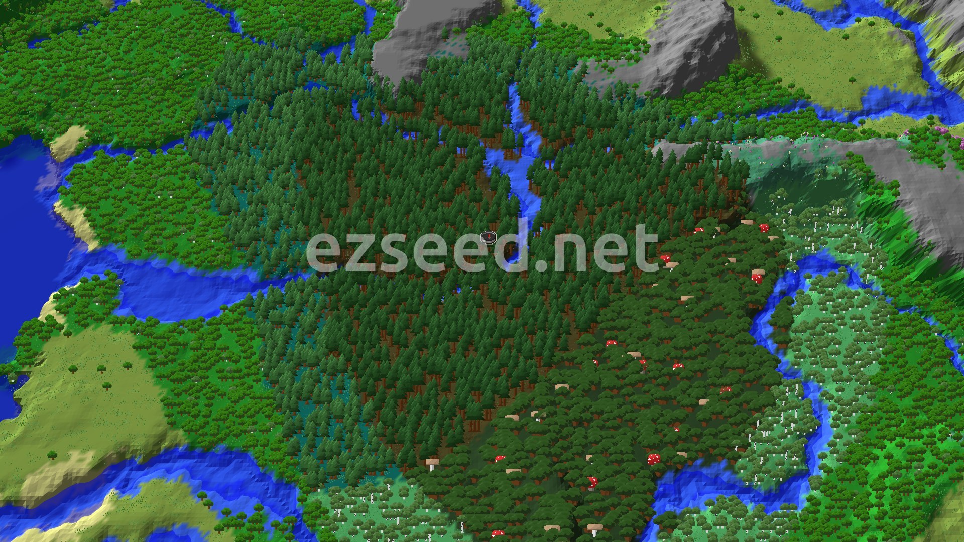 A bird's-eye view of a vast, dense spruce forest with a winding river and some scattered red mushrooms, bordered by grey mountains.