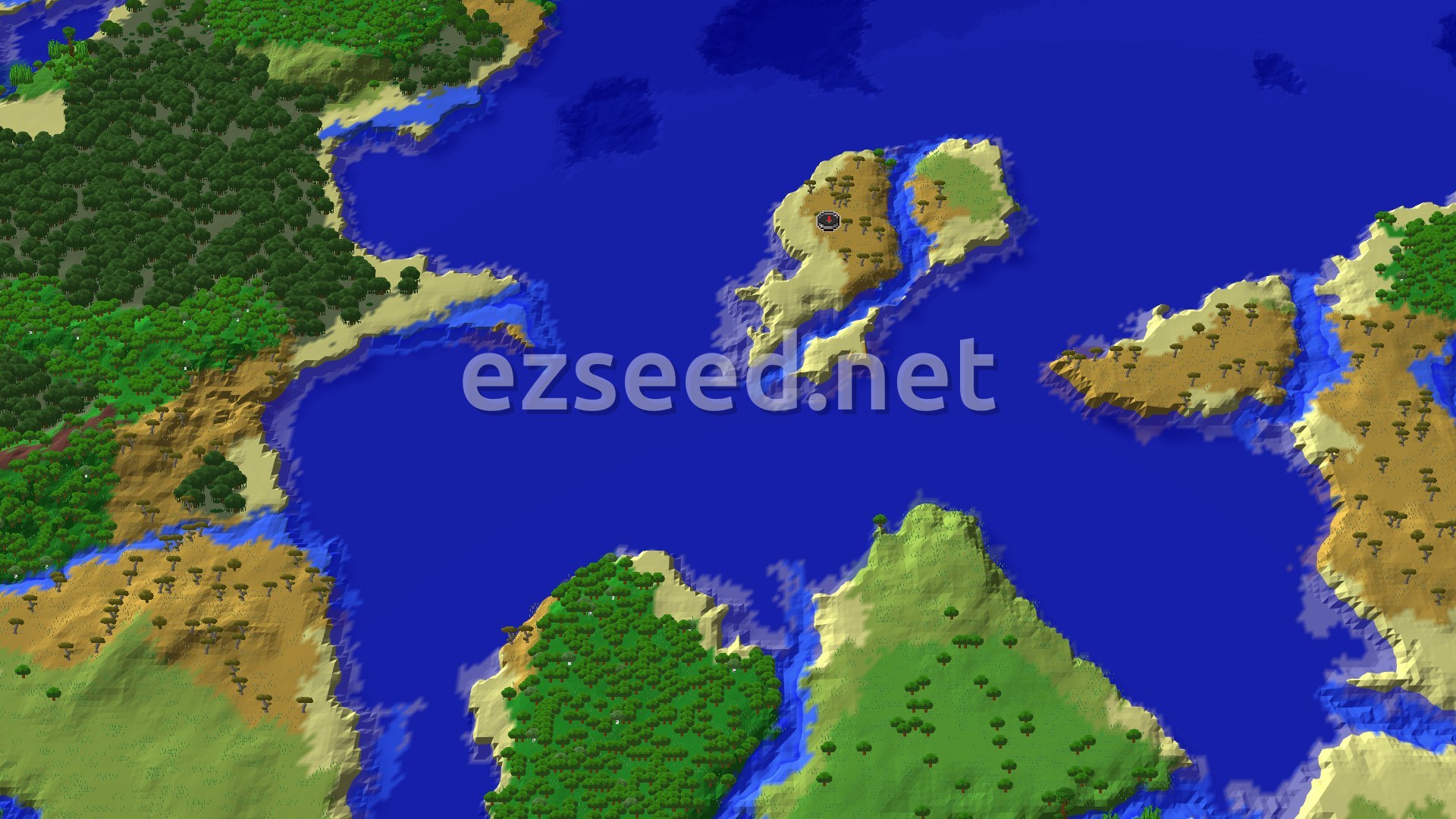 An aerial view of a Savanna island surrounded by blue ocean, with smaller landmasses and forests in the distance.
