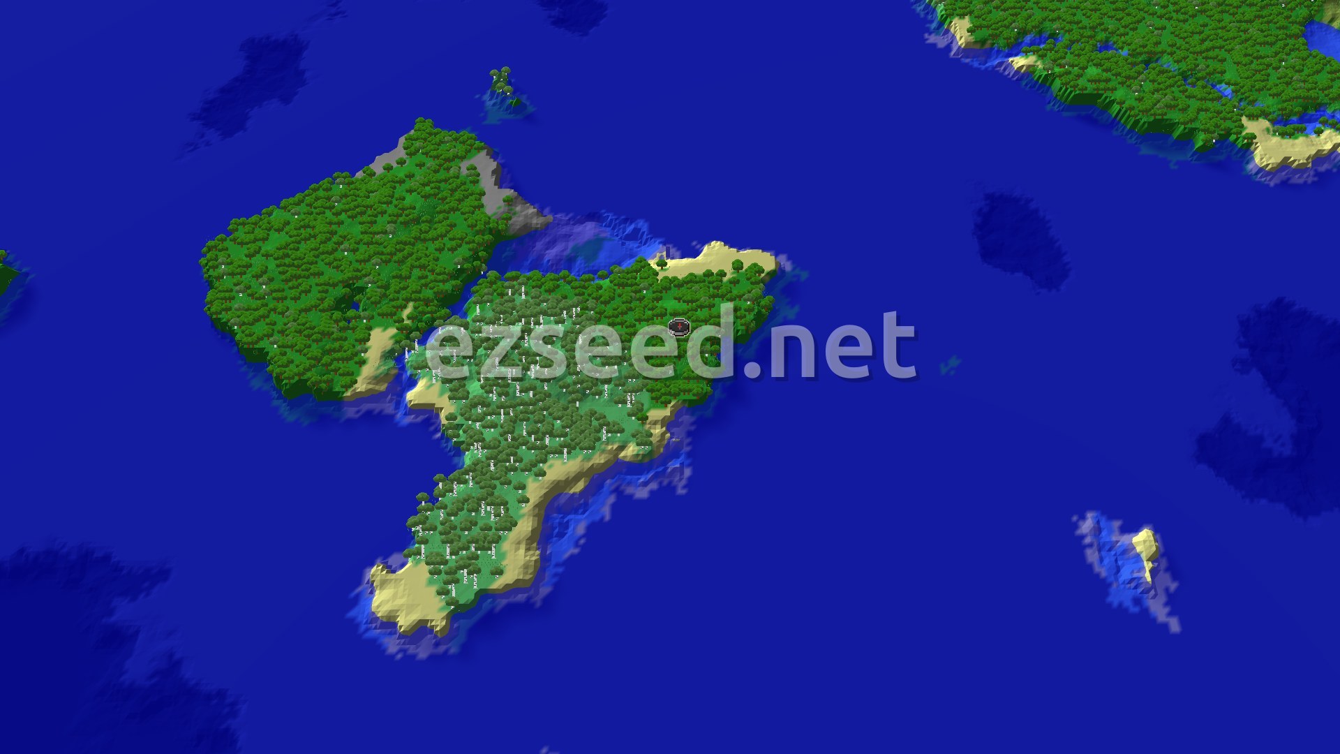 An aerial view of a forested island surrounded by ocean, with a small spawn marker in the center.