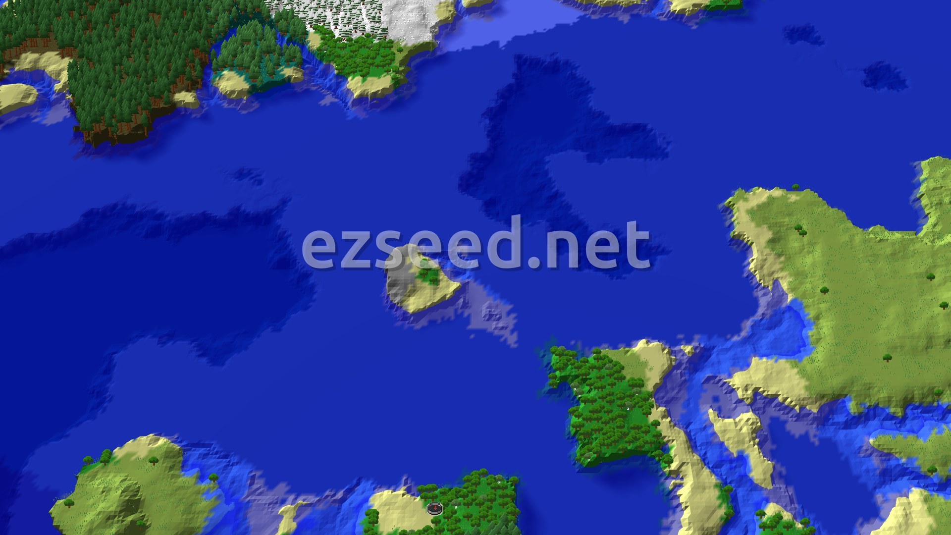 An aerial view shows a large island covered in various forests and beaches, surrounded by a deep blue ocean with several smaller landmasses visible in the distance.