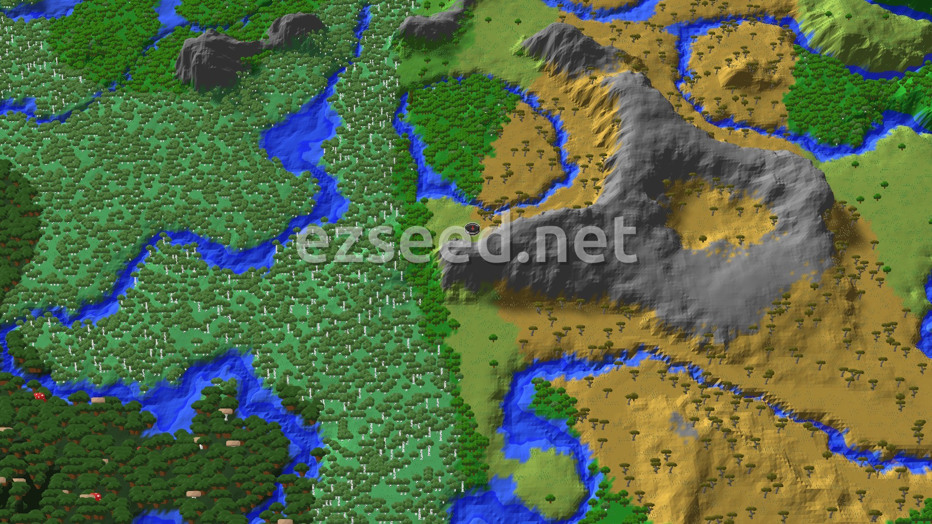 A fly-over of birch forest and rivers to the west, with a grey rocky ridge and golden savanna plateaus to the east, and a small green clearing at the centre.