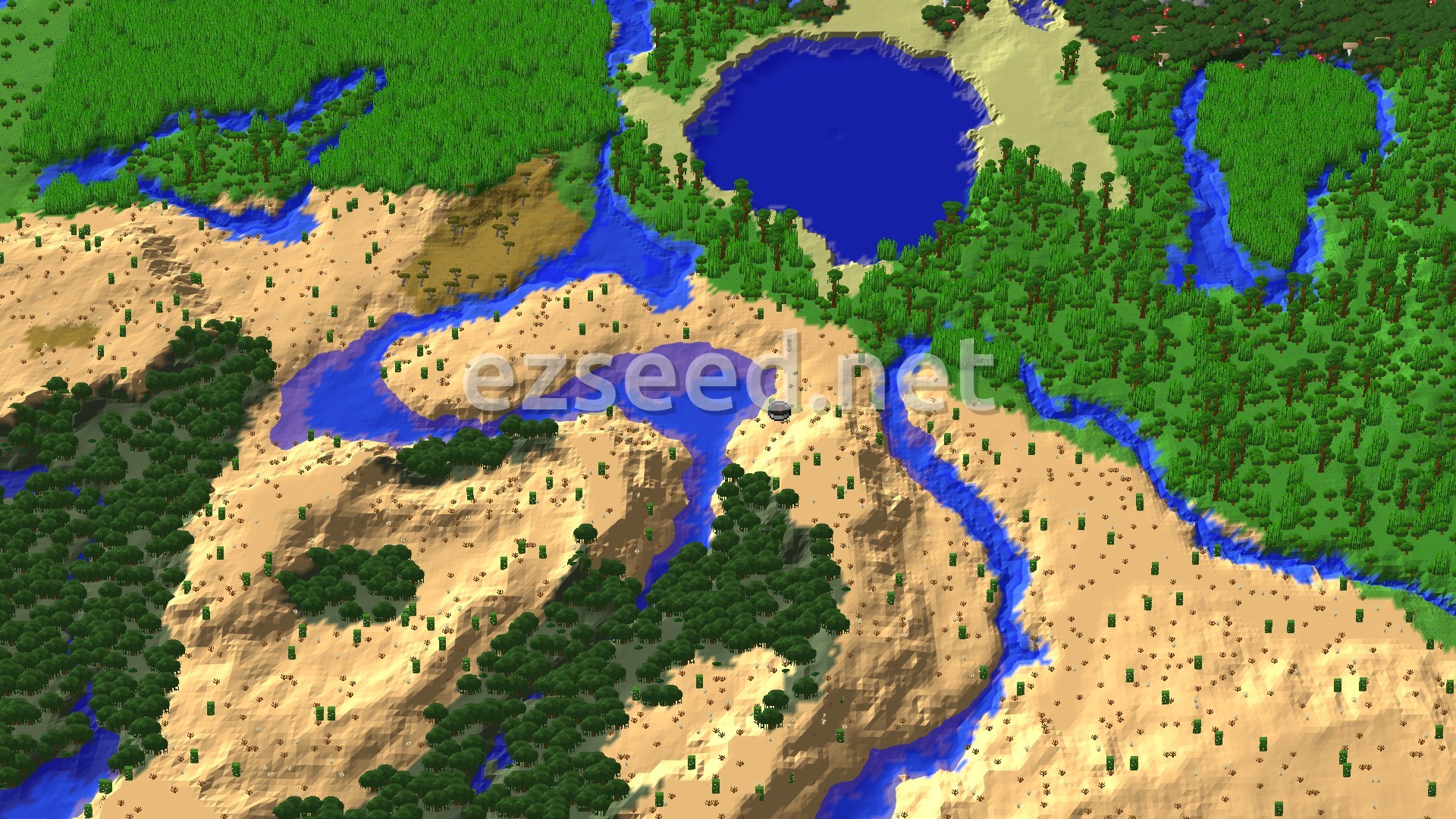 A sandy desert ridge cut by winding rivers, with a round lake and dense bamboo jungle to the north and dark-canopy forest to the west.