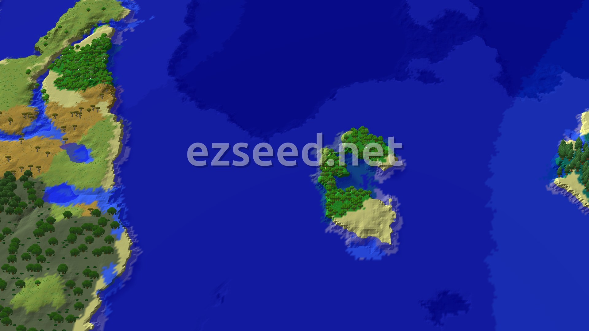 An aerial view shows a landmass dominated by green forests and some sandy beaches, bordering a large blue ocean. A few small lakes are visible inland.