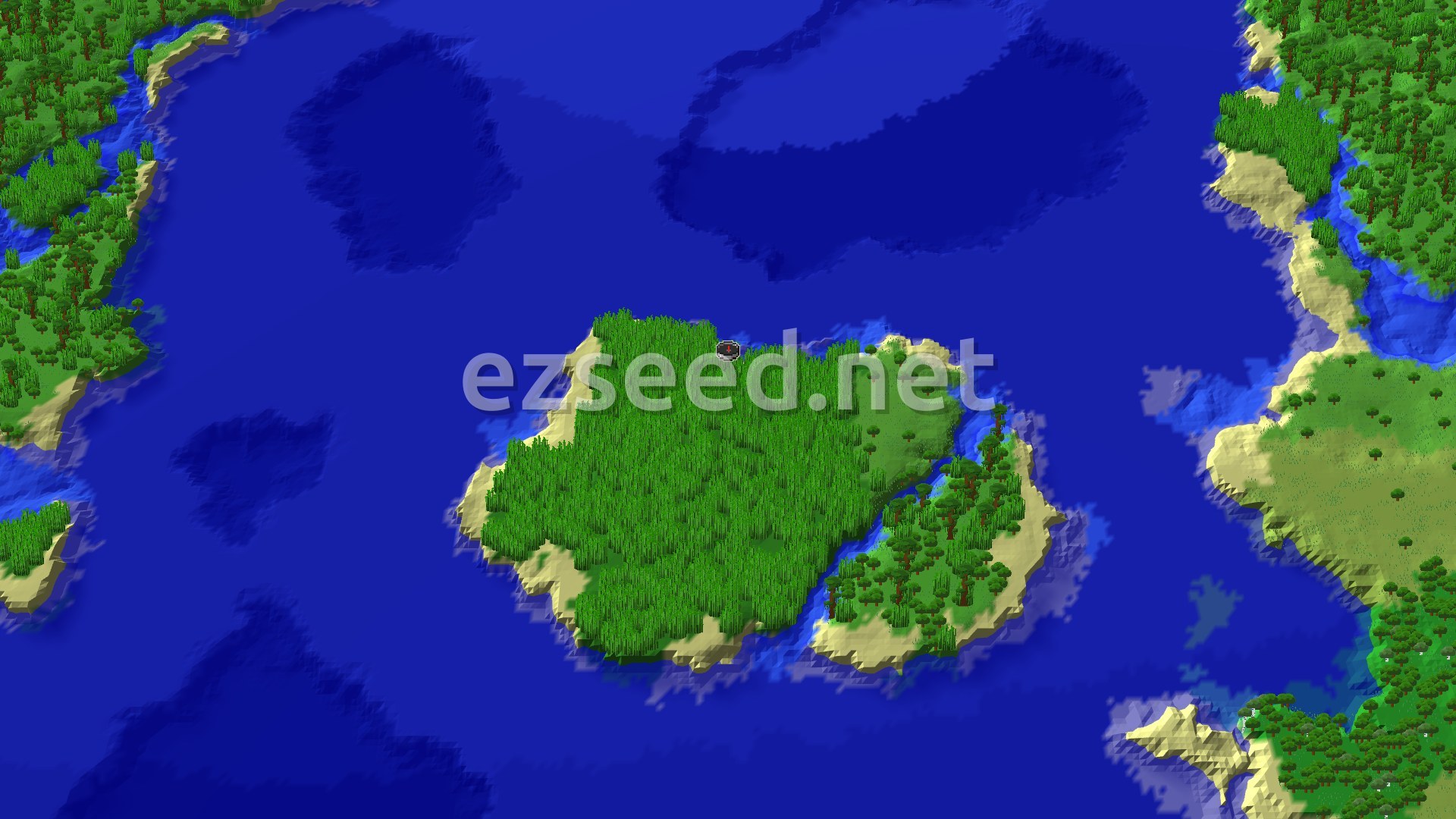 An aerial view of a large, lush green island covered in dense jungle trees, surrounded by blue ocean water, with a small marker at the center indicating spawn.
