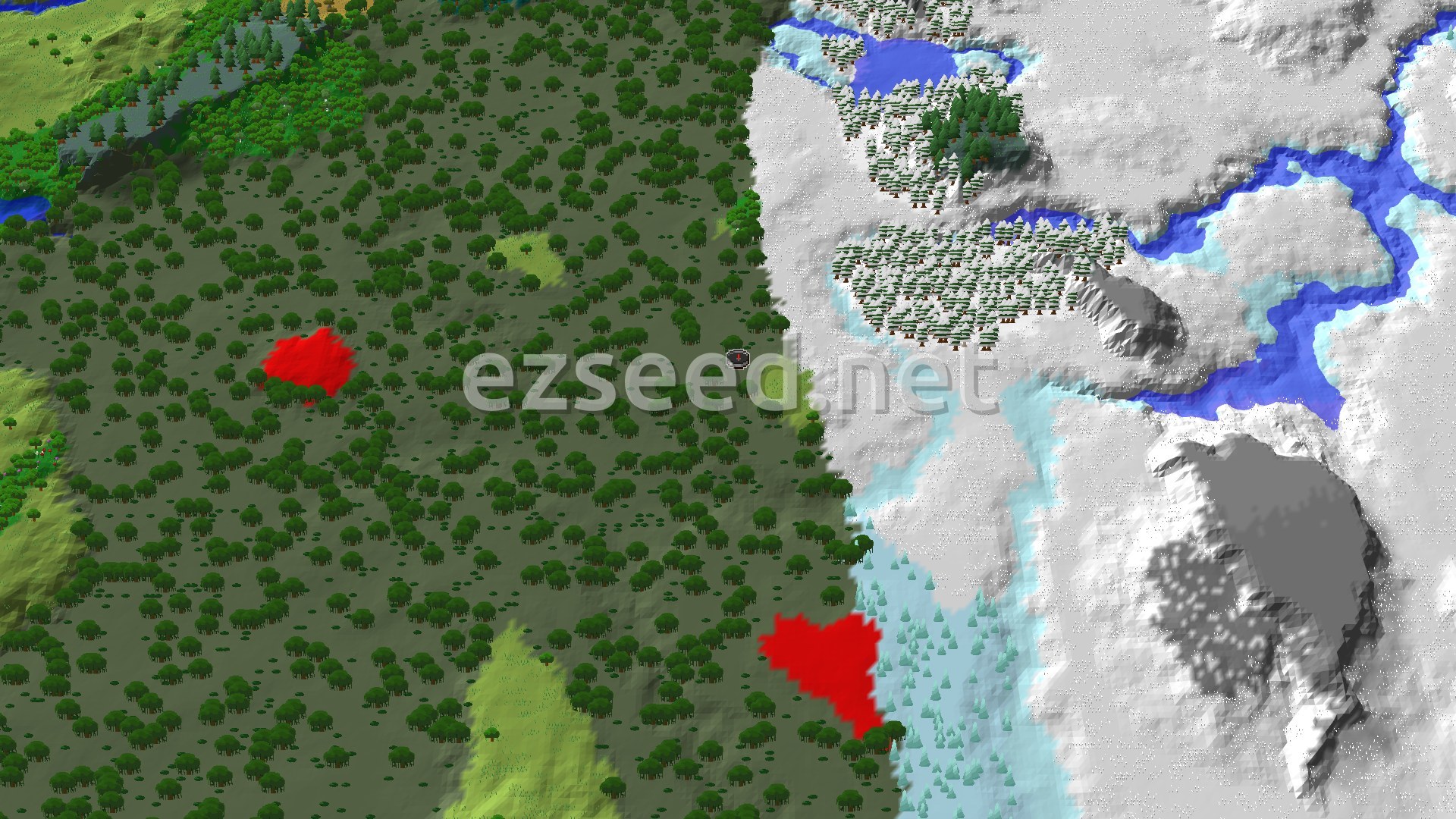 A dense, dark-green swamp of scattered trees on the left meets a sharp white border of snow, with frozen rivers, snowy spruce groves and grey rock outcrops to the right.